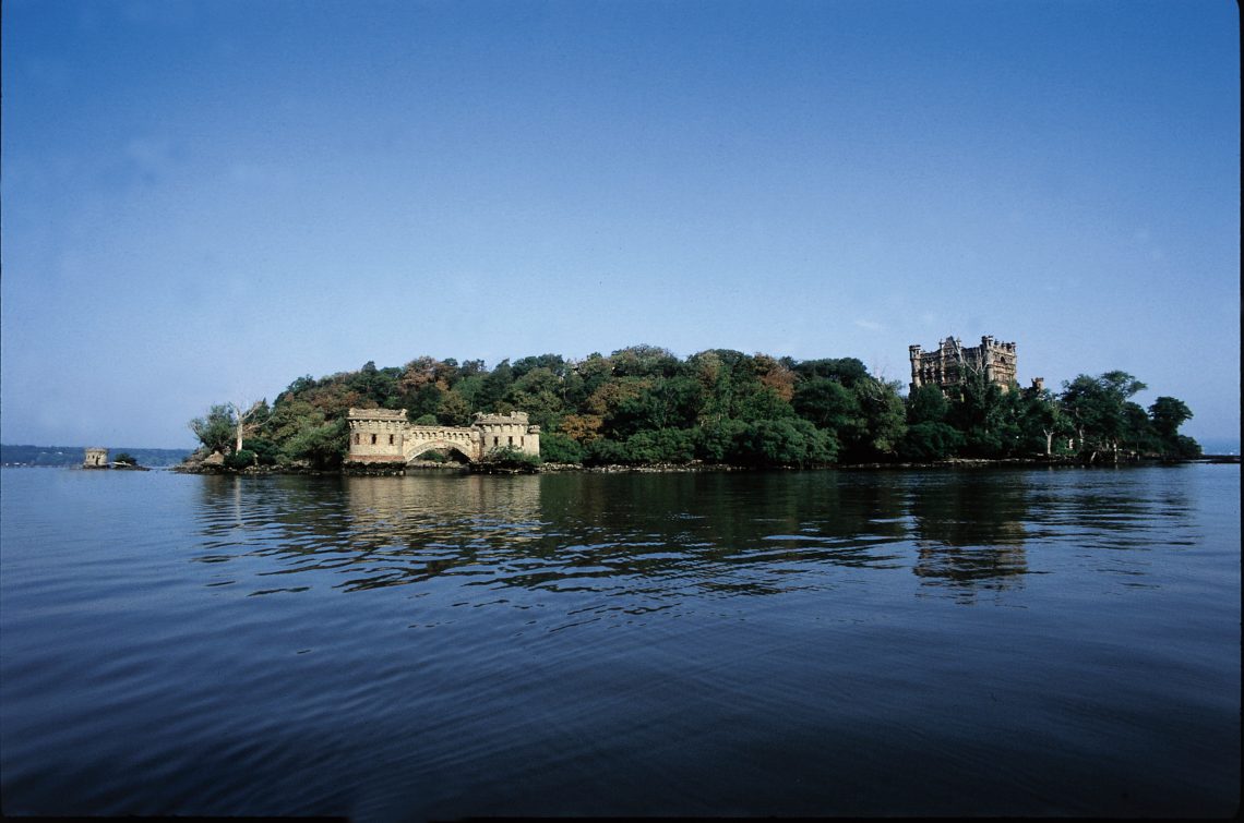 A photo of Bannerman Island and Castle in the Hudson River, off Beacon, New York.