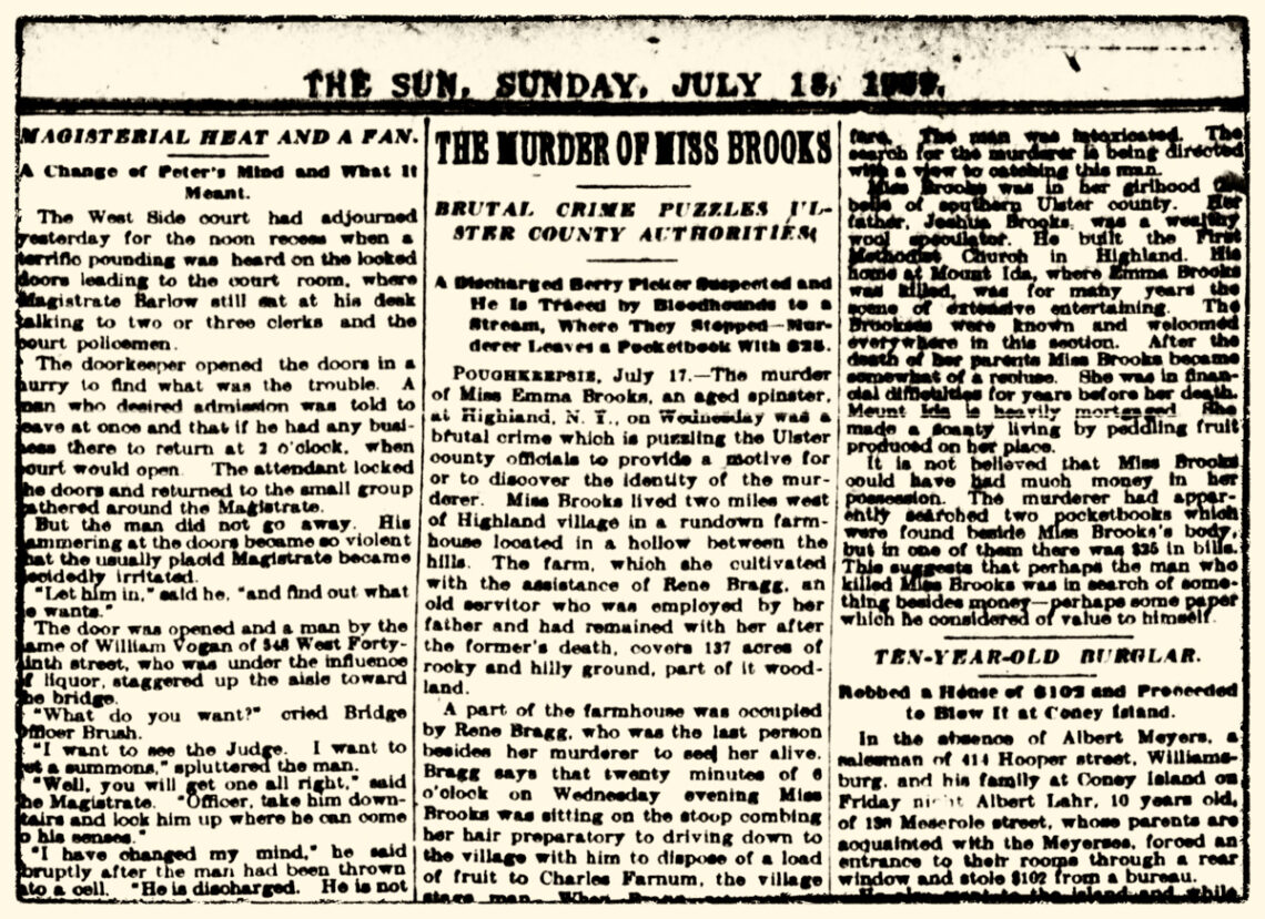 News clipping on the murder of Emma Brooks that appeared int The Sun (New York, New York) Sunday, July 18, 1909.
