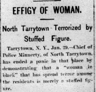 A news article clipping about the Woman in Black.