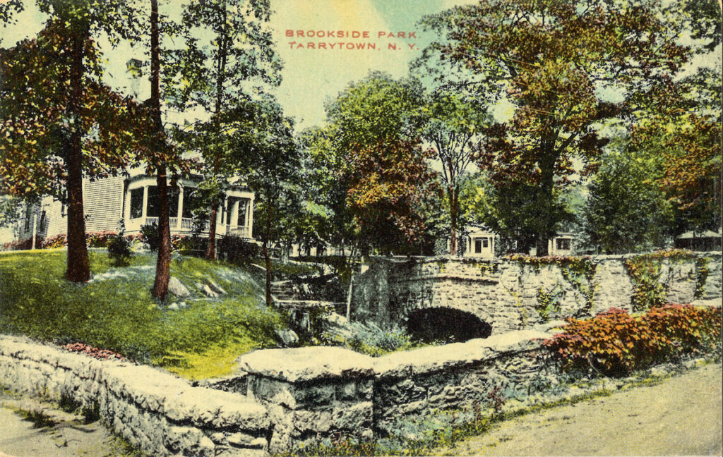 Color post card showing buildings in Brookside Park, today's Patriot's Park, in Tarrytown.