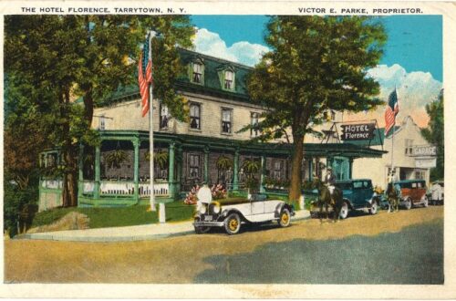 A postcard of the Hotel Florence, Tarrytown, New York, with several early 20th century cars park out front.