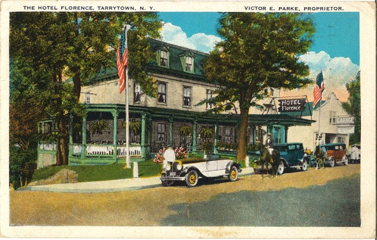 A postcard of the Hotel Florence, Tarrytown, New York, with several early 20th century cars park out front.