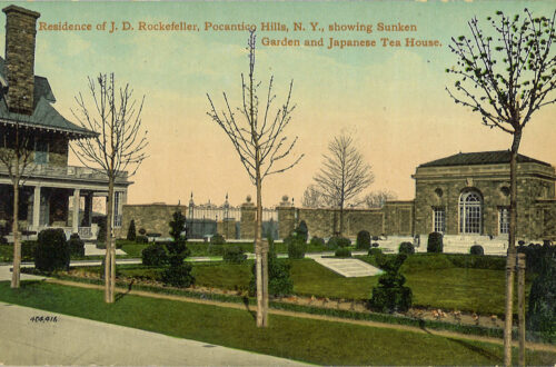 Edward Farrington postcard numbered 404,416 Residence of J.D. Rockefeller, Pocantico Hills, N.Y., showing Sunken Garden and Japanese Tea House.