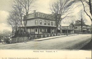 A postcard published by Russell & Lawrie drug store shows a black-and-white photo of Florence Hotel in Tarrytown, New York.