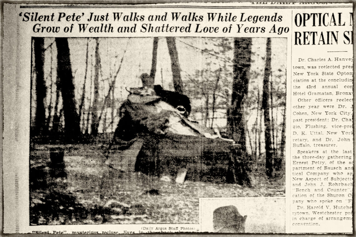 Newspaper clipping on Silent Pete, a character who walked the roads and woods of Hudson River towns and villages.
