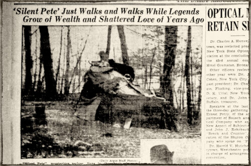 Newspaper clipping on Silent Pete, a character who walked the roads and woods of Hudson River towns and villages.