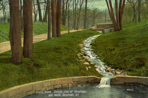 Color postcard showing Andre Brook in Patriot's Park in Tarrytown, NY.