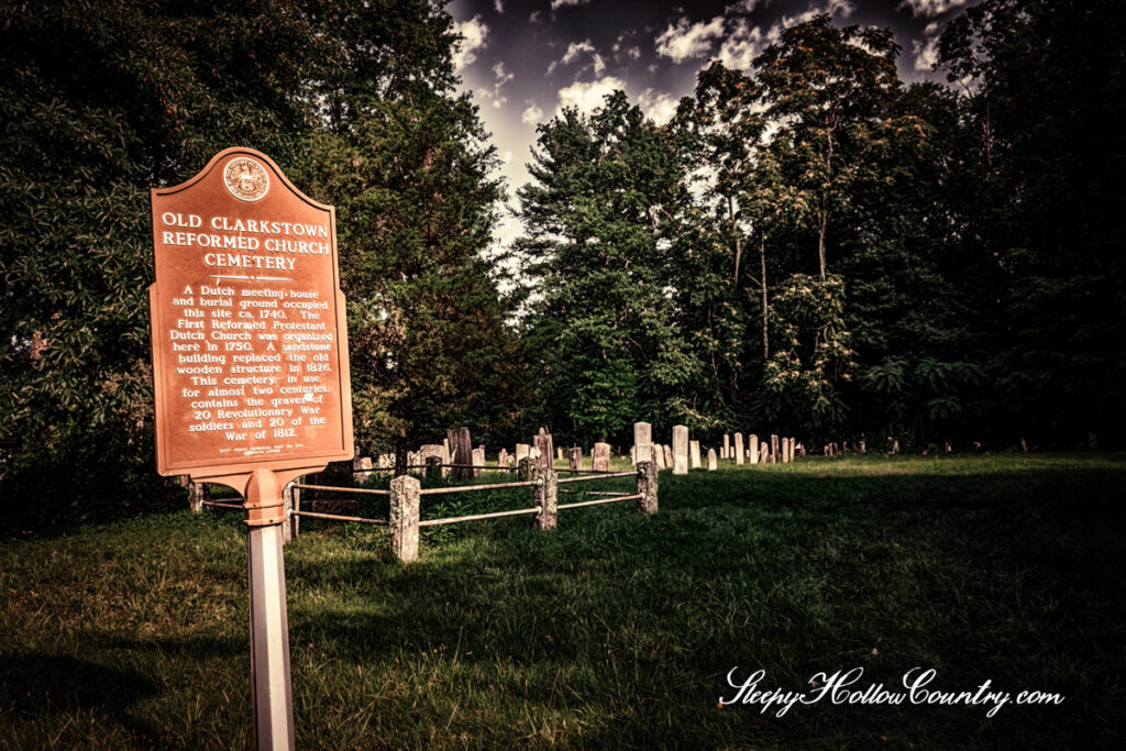 Historic marker at the Old Clarkstown Reformed Church Cemetery in Clarkstown, NY.