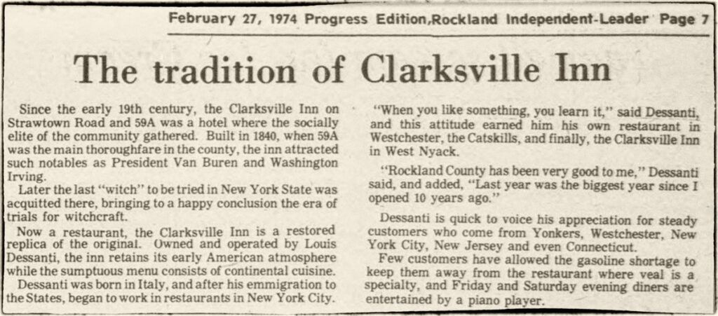 A newspaper clipping from Rockland Indepedent-Leader from February 27, 1974 describes the features of Clarksville Inn.