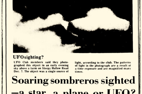 Image of a newspaper headline reporting a UFO over Sleepy Hollow, New York.