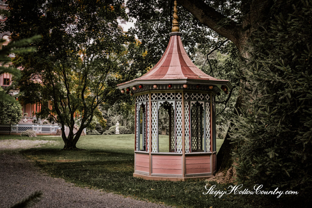 The well-house on the grounds of the Armour-Stiner Octagon house property is loosely based on the form of a pagoda.