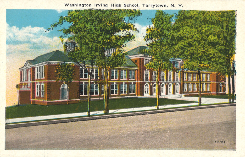 Color post card of Washington Irving High School, Tarrytown, N.Y. Tarrytown Post Card Co.