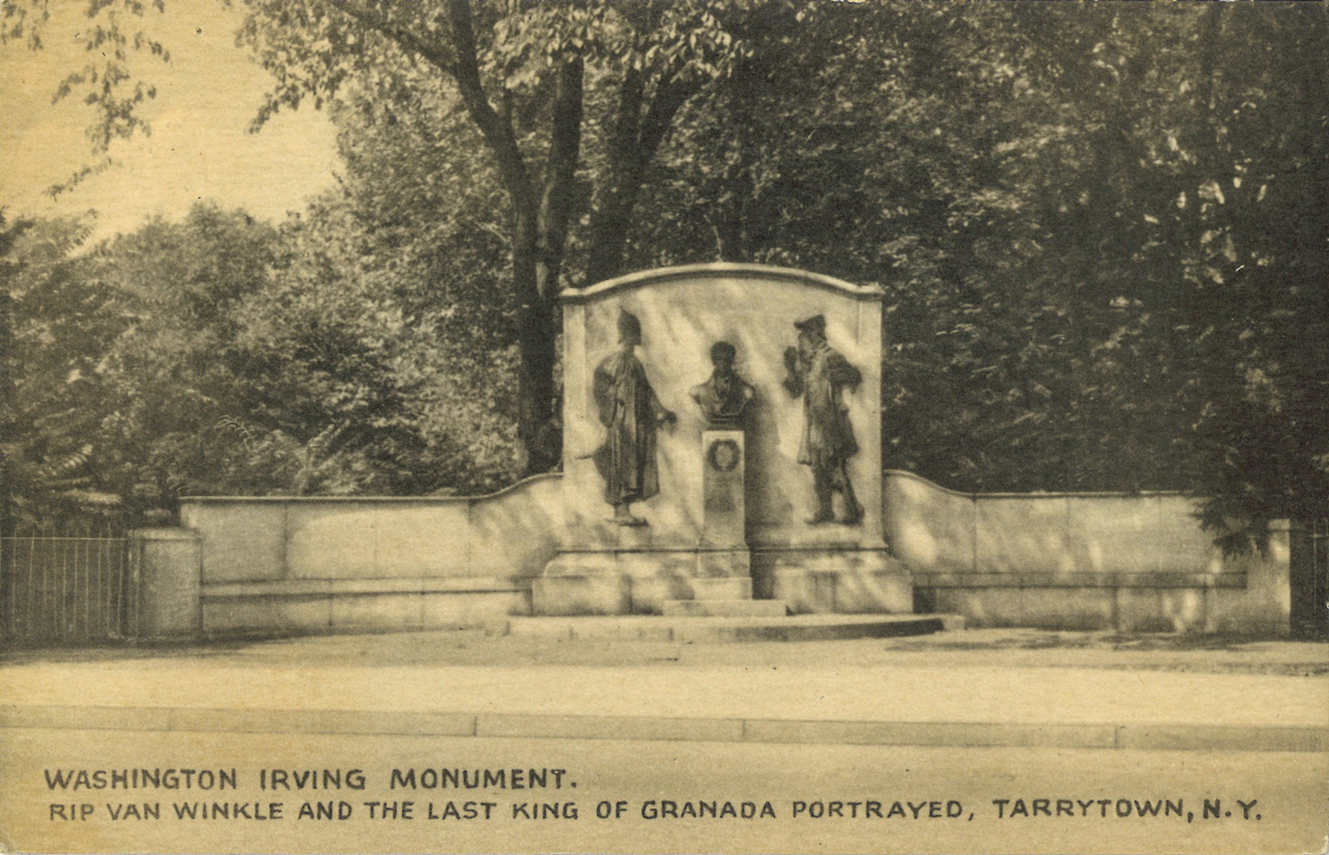 Photo post card of Washington Irving Monument on Broadway in Irvington, NY.