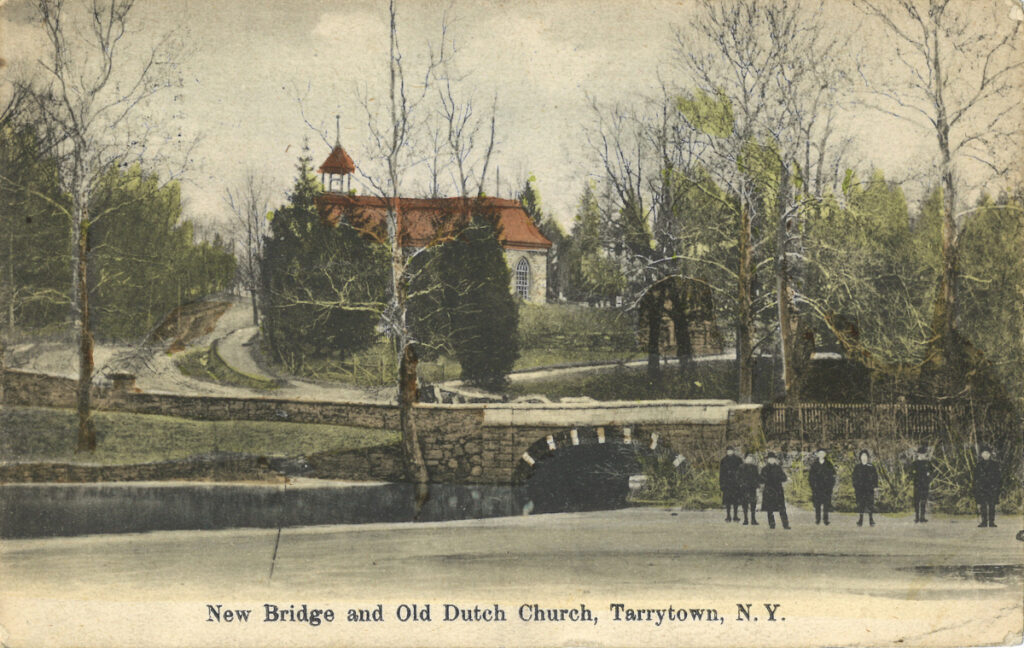 This is a post card titled "New Bridge and Old Dutch Church, Tarrytown, N.Y." Card was published by E. Hettling of Tarrytown.