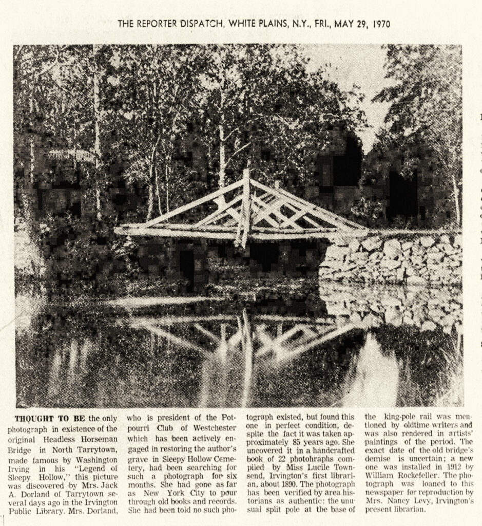Image of a news article from The Reporter Dispatch (White Plains, New York) Fri, May 29, 1970. Article describes discovery of a photo of the original headless horseman bridge in Sleepy Hollow.
