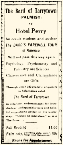 Newspaper advertisement for an appearance by The Bard of Tarrytown at Hotel Perry.