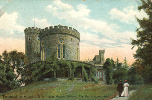 Photo postcard of Miss Mason's School in Tarrytown, New York. Post card shows rear view of the castle.