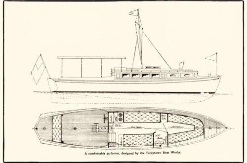 Sketch of Tarrytown Boat Works 35 foot cruising boat, from MotorBoating December 1909 issue.