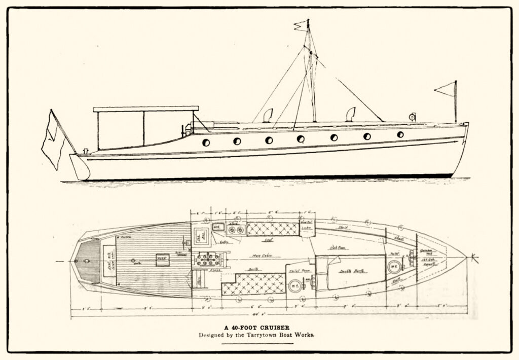 Sketch of Tarrytown Boat Works 35 foot cruising boat, from Motor Boat January 10, 1911 issue.