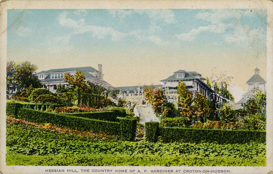 Color post card of A. P. Gardiner's home, Hessian Hill, in Croton-on-Hudson, New York.