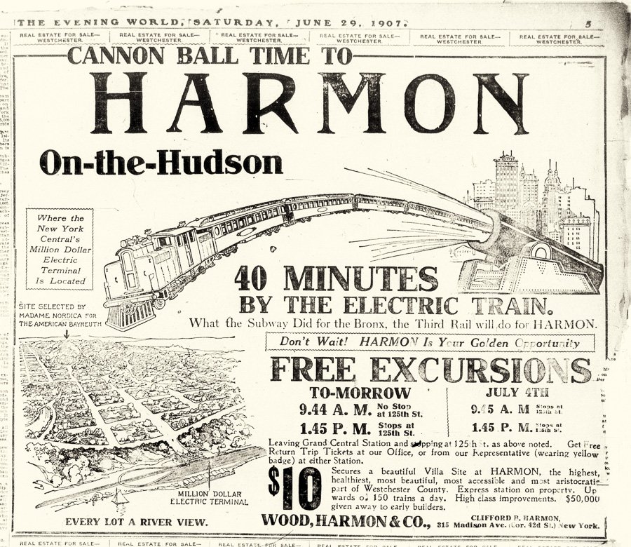 Advertisement for Harmon-on-the-Hudson which appeared in The Evening World (NY) on June 29, 1907.