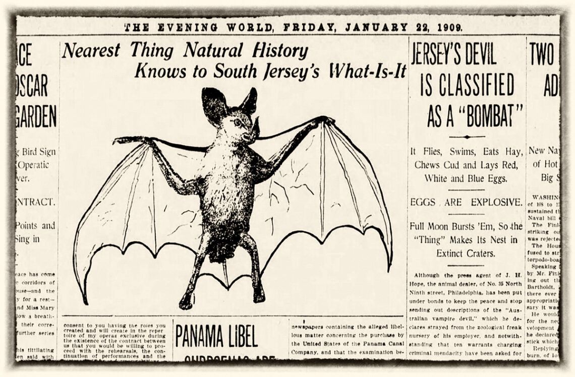 Newspaper article from the January 22, 1909 edition of The Evening World featured headlines about appearances of the Jersey Devil, also known as the Jersey Bombat.
