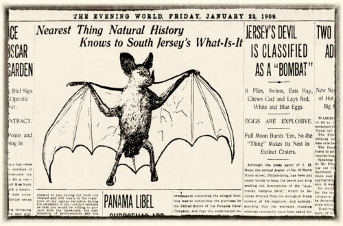 Newspaper article from the January 22, 1909 edition of The Evening World featured headlines about appearances of the Jersey Devil, also known as the Jersey Bombat.